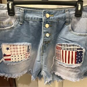 Blue and Red Jean Shorts with Distressed Hem and Patriotic Design